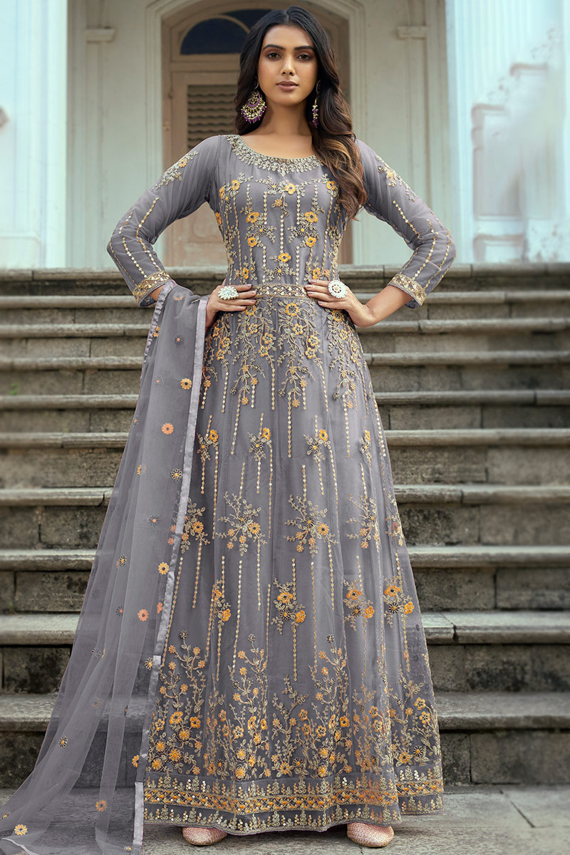 grey embroidered dress Grey Mirror Work Embroidery Round-Neck Straight Dress – Maxim Creation