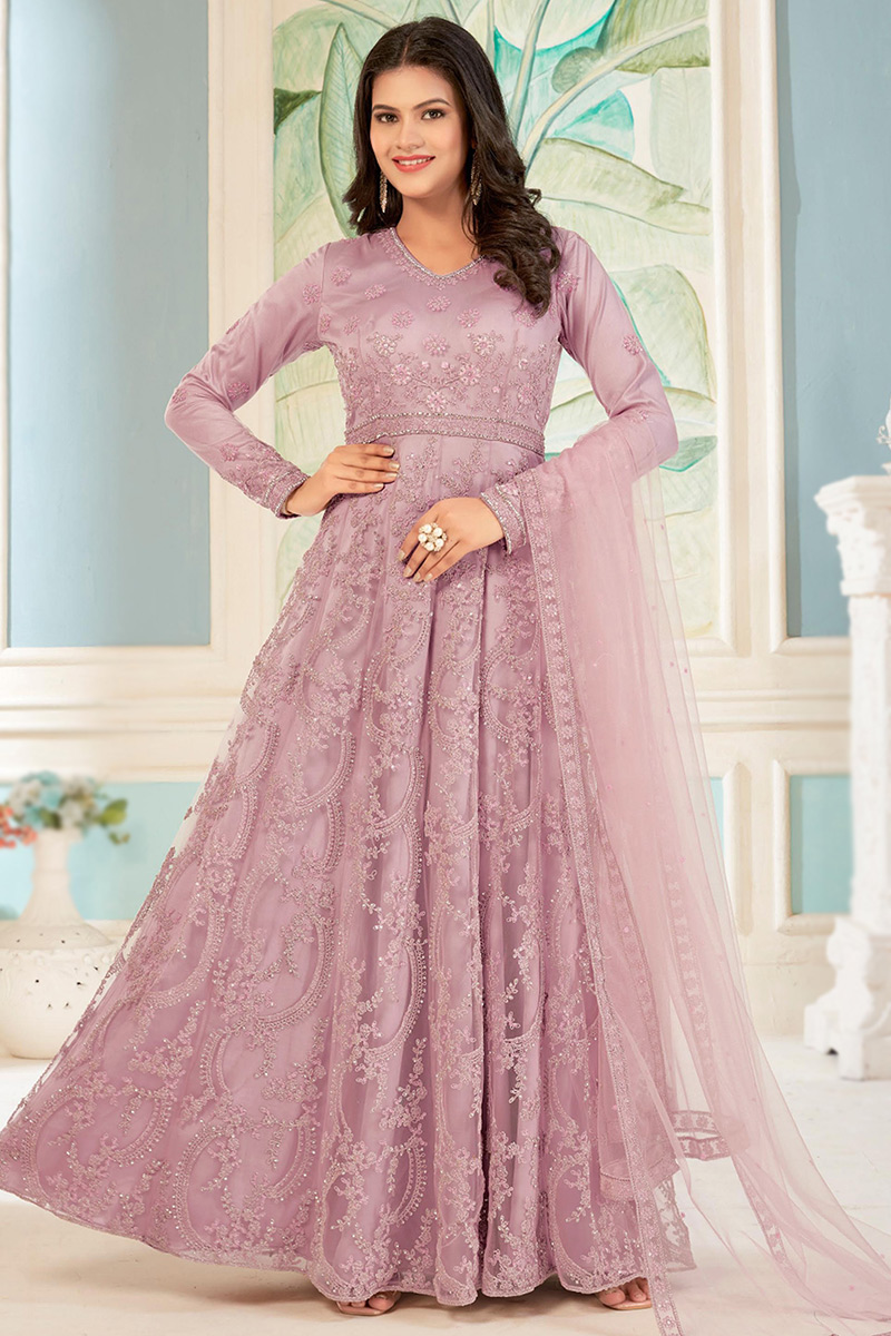 Net Dori Embroidered Dusty Pink A Line Anarkali Suit