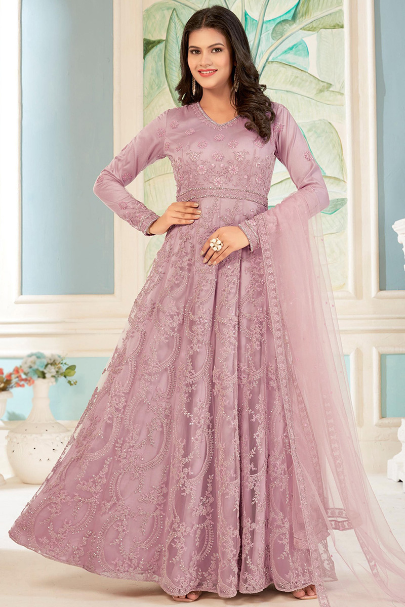 Andaaz Fashion Women's Net Dusty Pink Embroidered Anarkali Suit Andaaz Fashion Women's Net Dusty Pink Embroidered Anarkali Suit