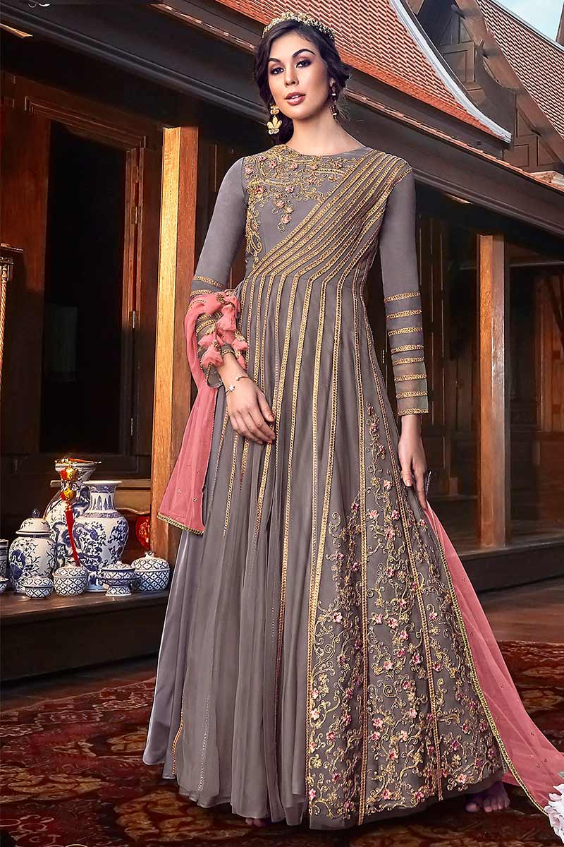 Buy Net Embroidered Anarkali Gown In Warm Grey Colour Online LSTV03639 Andaaz Fashion