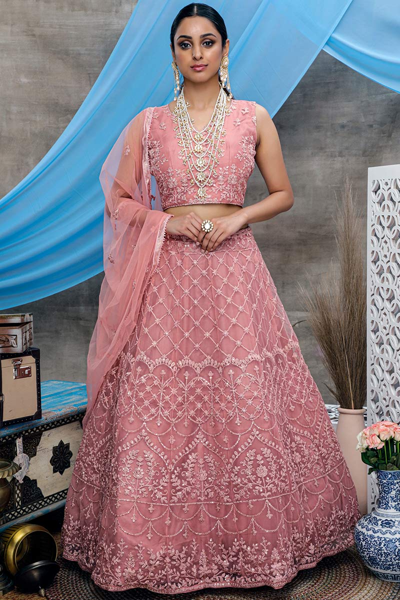 Net Indian Wedding Wear Lehenga Choli In Light Pink Color