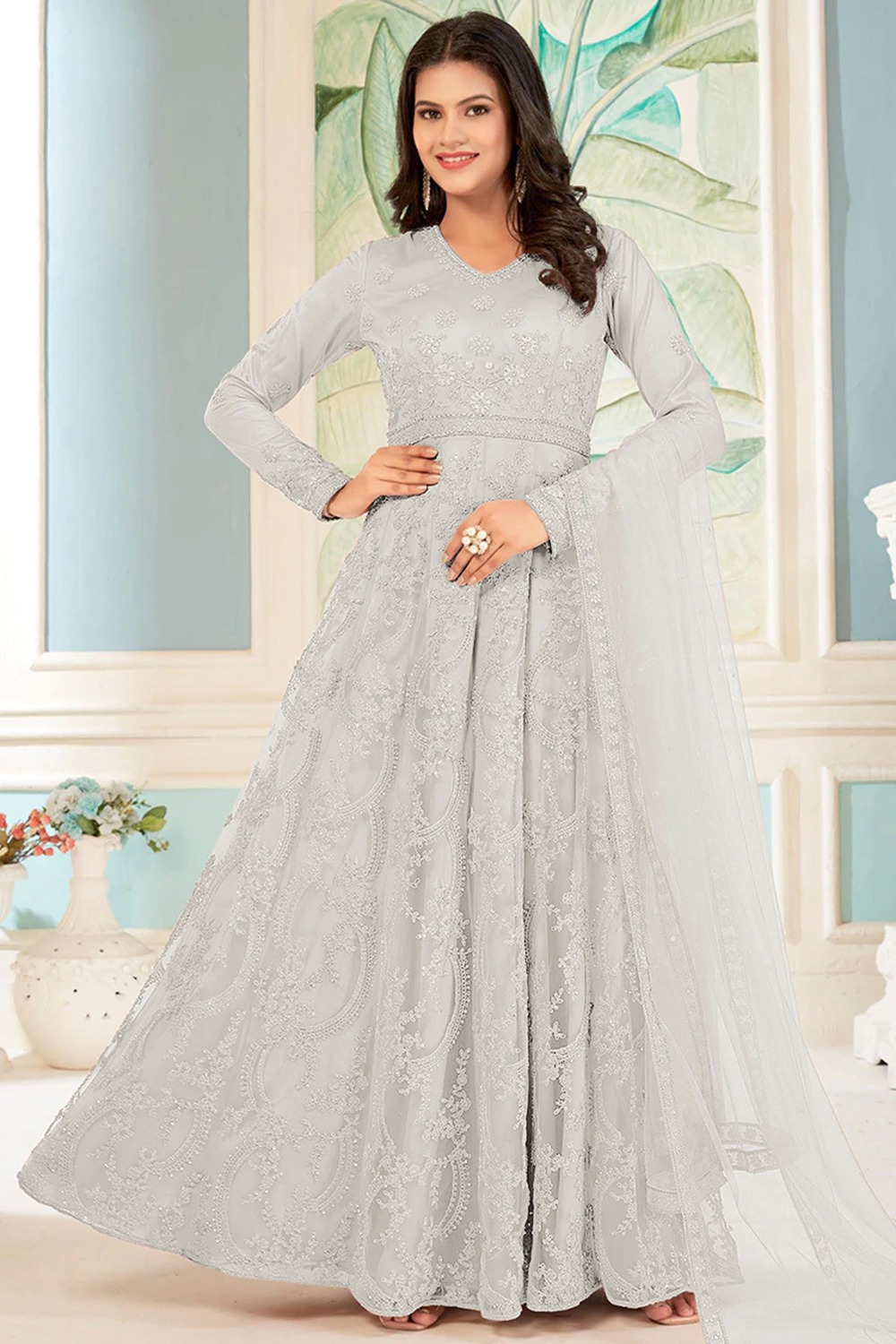 Net Light Grey Embroidered Anarkali Suit LSTV127402 Net Light Grey Embroidered Anarkali Suit LSTV127402
