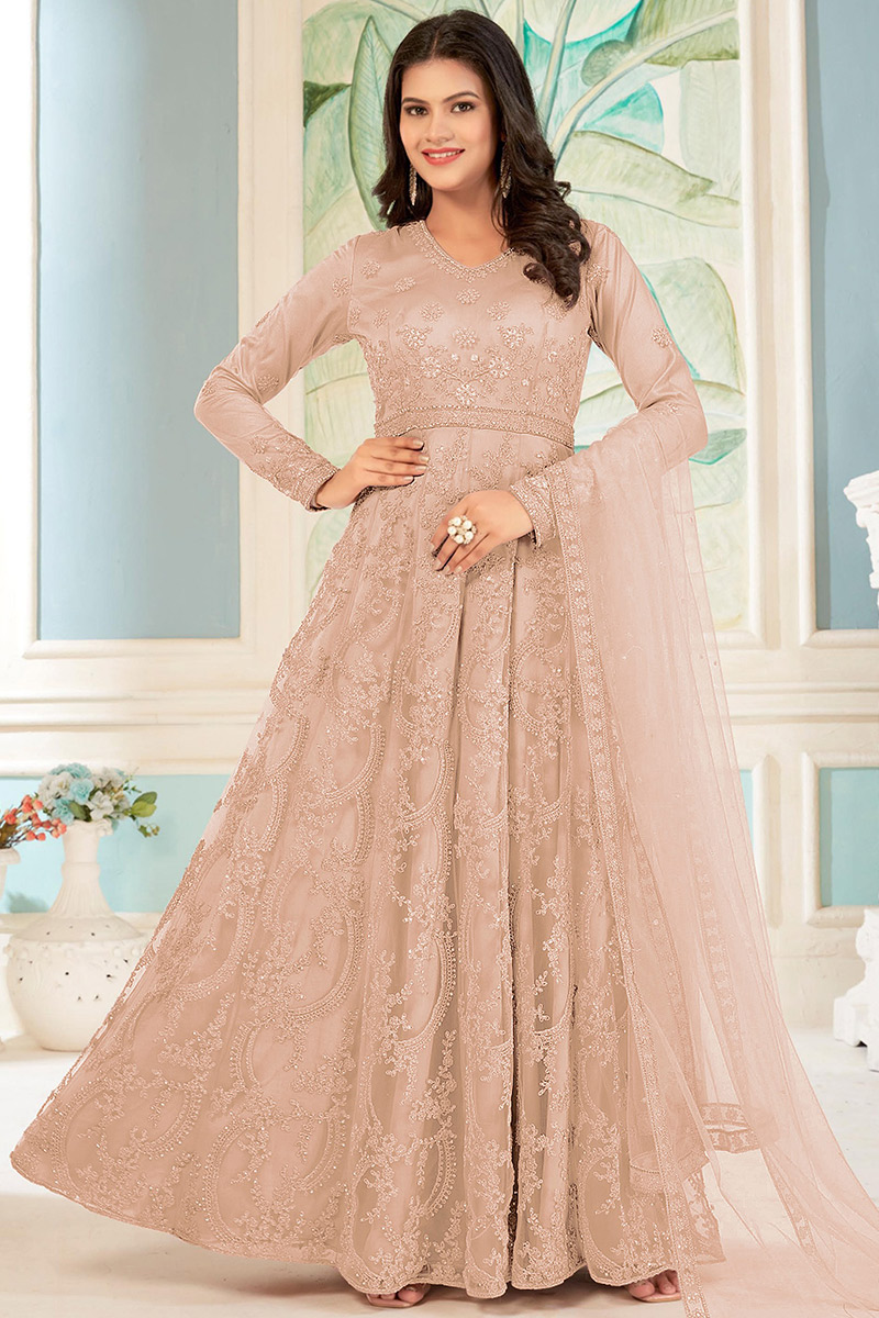 Peach Long Net Anarkali Dress Salmon Peach Designer Embroidered