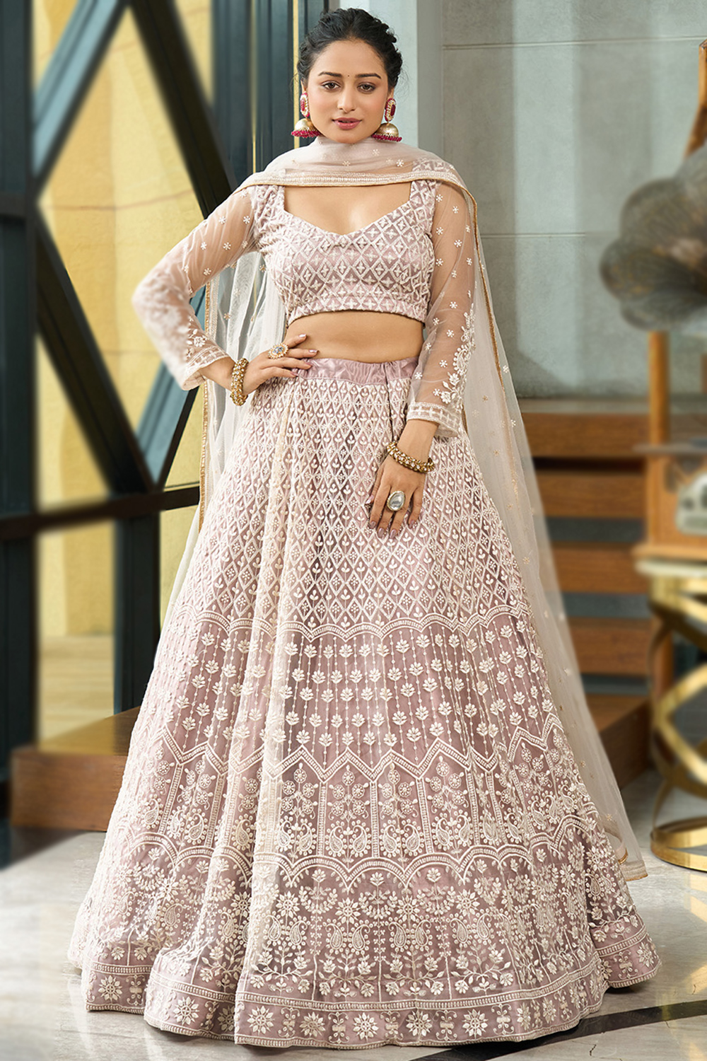 Andaaz Fashion Women's Net Mauve Pink Embroidered Flared Style Lehenga