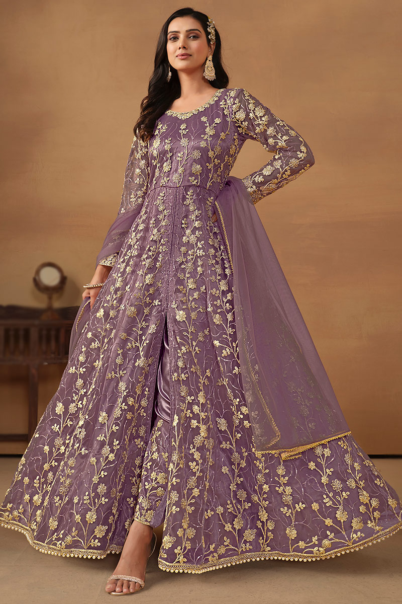 Net Mauve Sequins Embroidered Front Slit Anarkali Suit LSTV128639