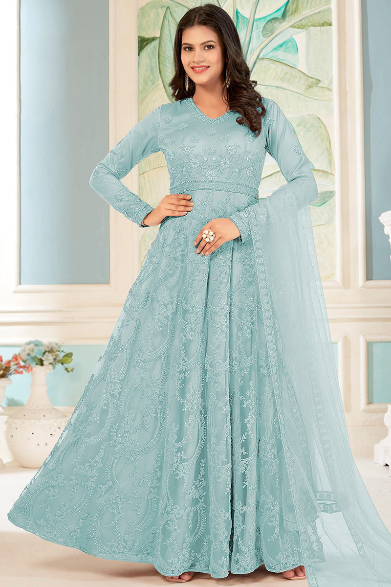 Net Anarkali Dress Shop Green Net Embroidered Anarkali Suit