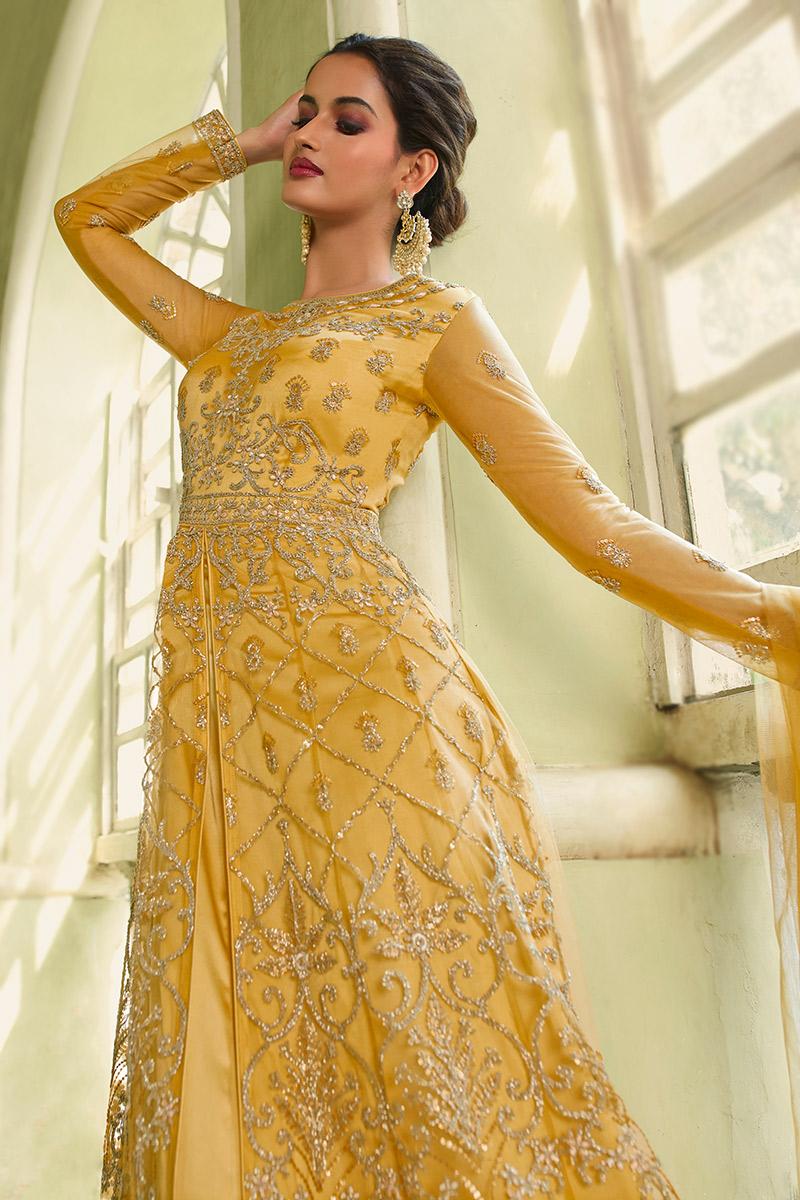 Mustard Yellow Butterfly Net Wedding Anarkali Suit
