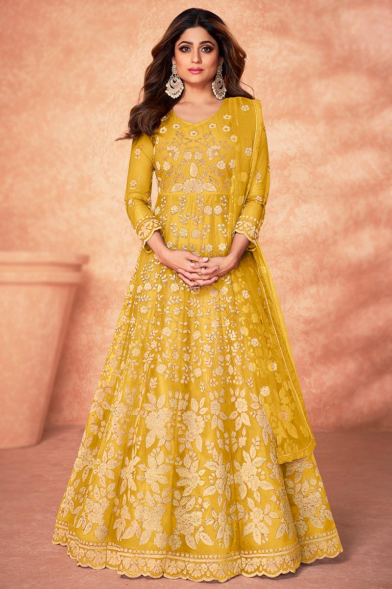 Net Mustard Yellow Wedding Wear Anarkali Suit