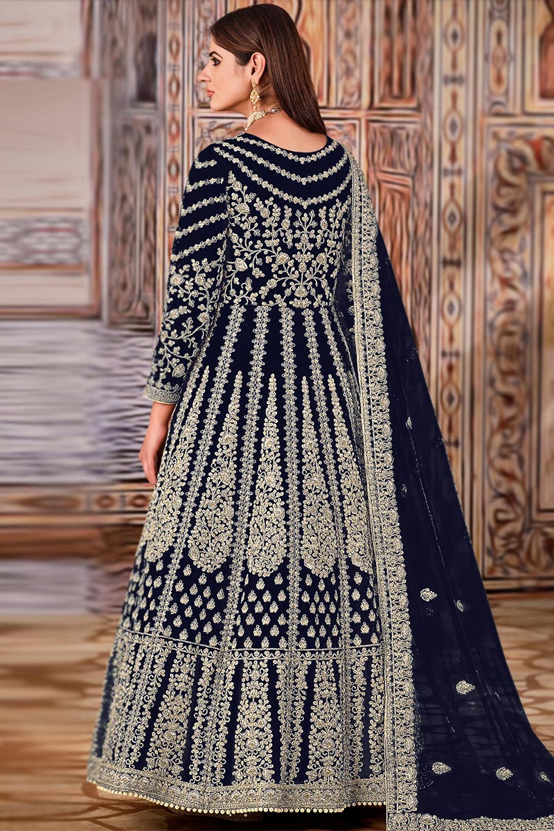 Front Slit Prussian Blue Zari Embroidered Anarkali Suit main image 1