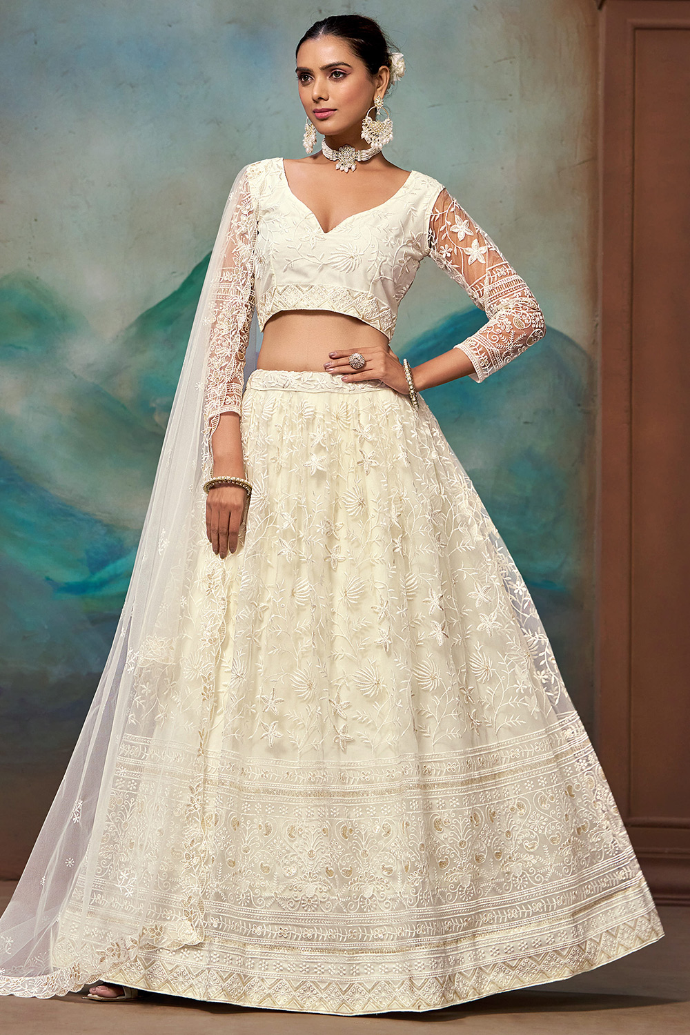 Net Off White Embroidered Festival Wear Lehenga LLCV120749