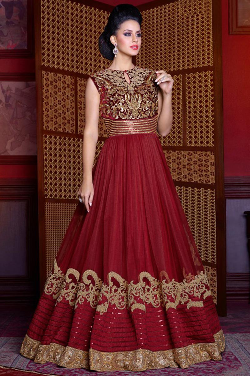 anarkali dress maroon colour