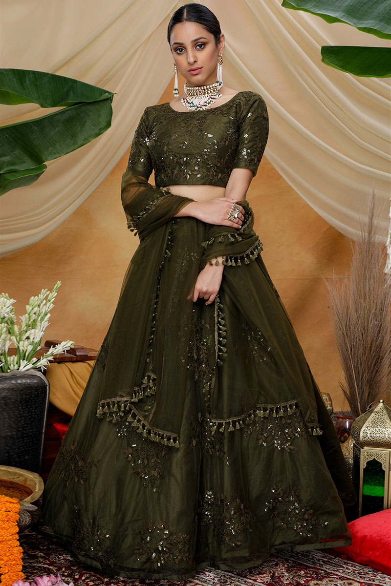 Net Party Wear Lehenga Choli In Mehendi Color