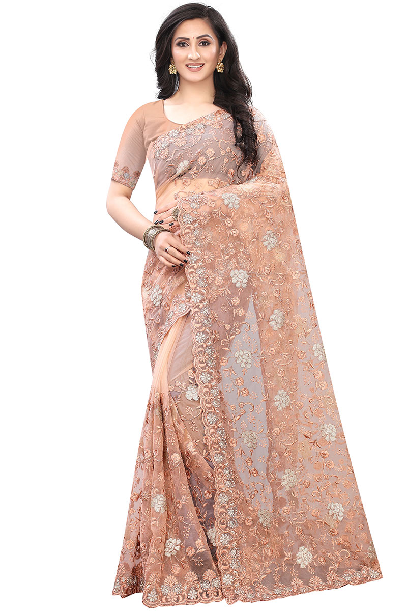 Buy Net Party Wear Saree In Peach Color Online SARV08160