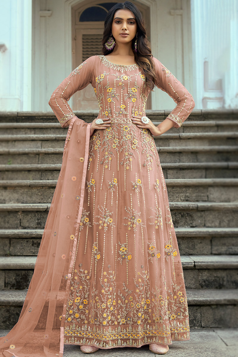 Net Peach Embroidered Anarkali Suit LSTV123153