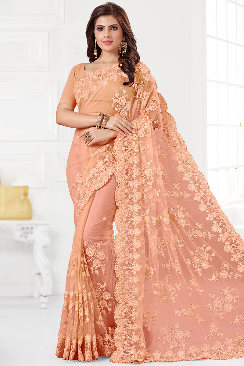 Peach store Cocktail Wedding Beautifully Net Saree Designer Net Heavy Stone Pearl Beads Work Sari Indian Ethnic Occasional Wedding Party Sari Top