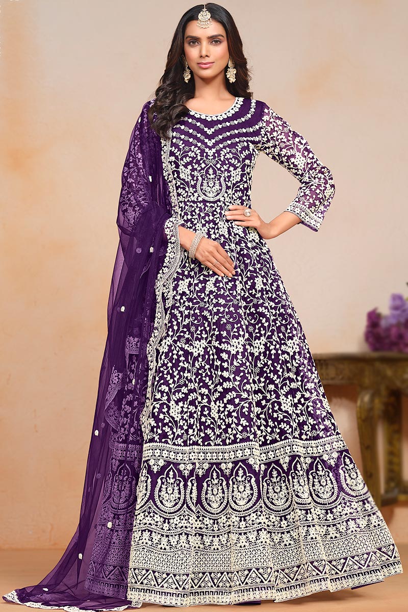 Andaaz Fashion Women's Net Plum Purple Sequins Embroidered A Line Anarkali Suit