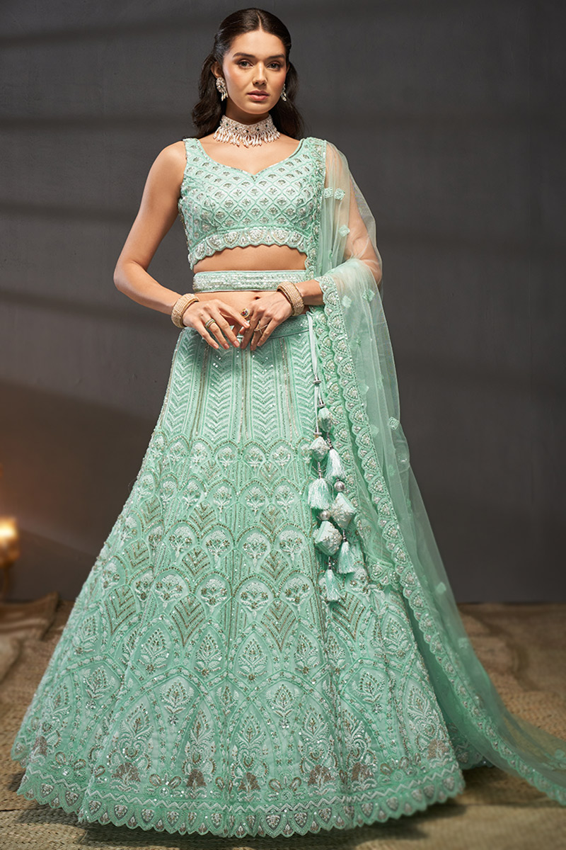 Net Sequins Embroidered Seafoam Green Panelled Lehenga LLCV119183