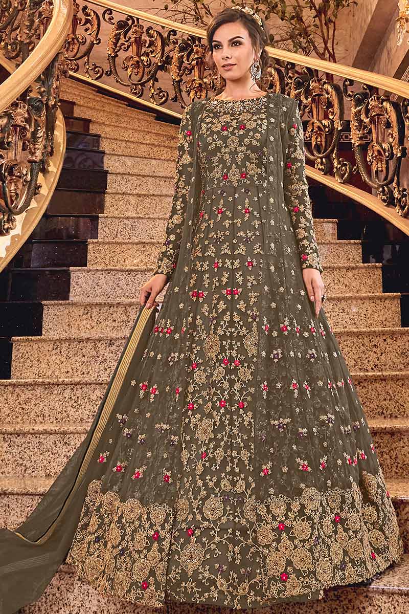 Eid Special Net Wedding Anarkali Gown In Seaweed Green Colour