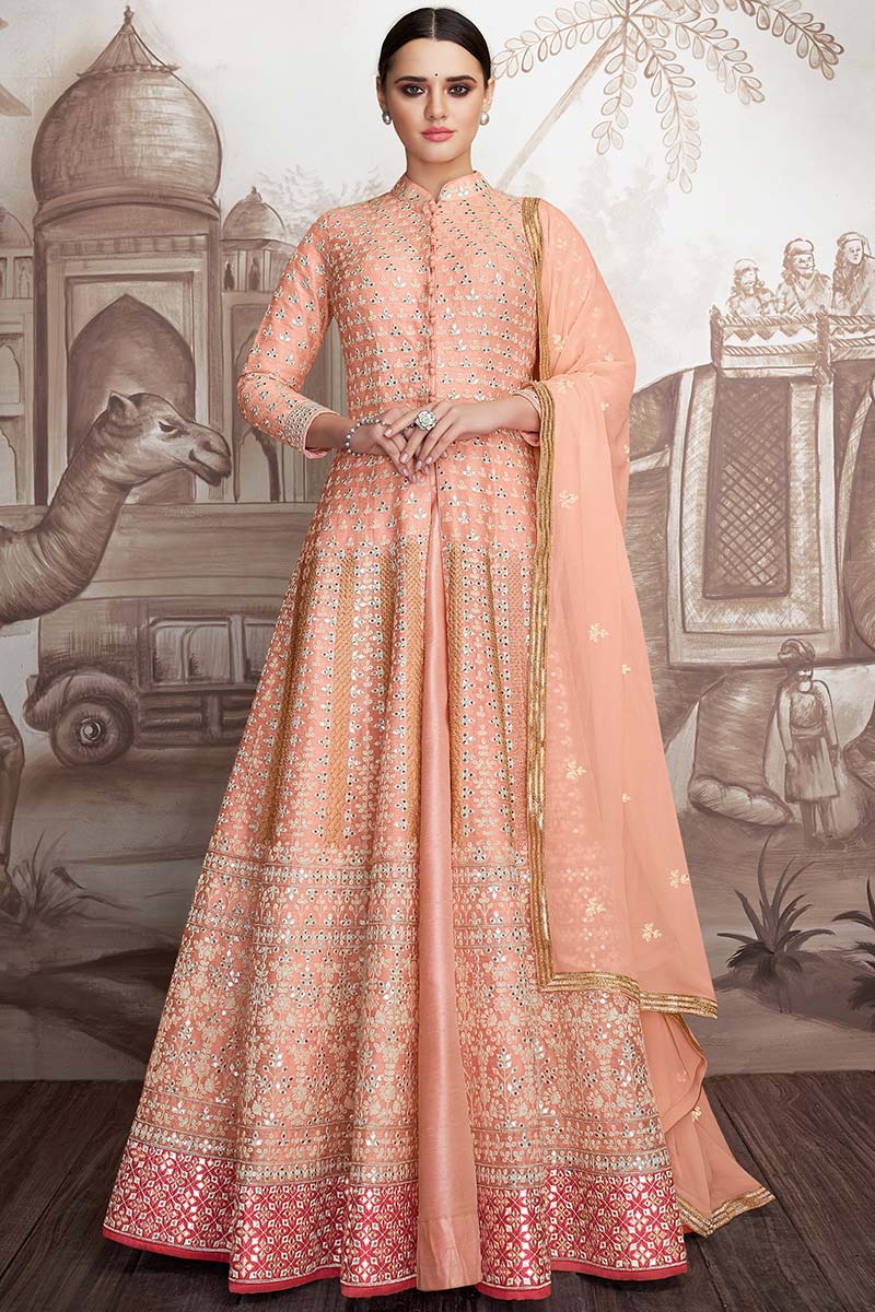 Buy Net Wedding Wear Anarkali Suit In Peach Color Online