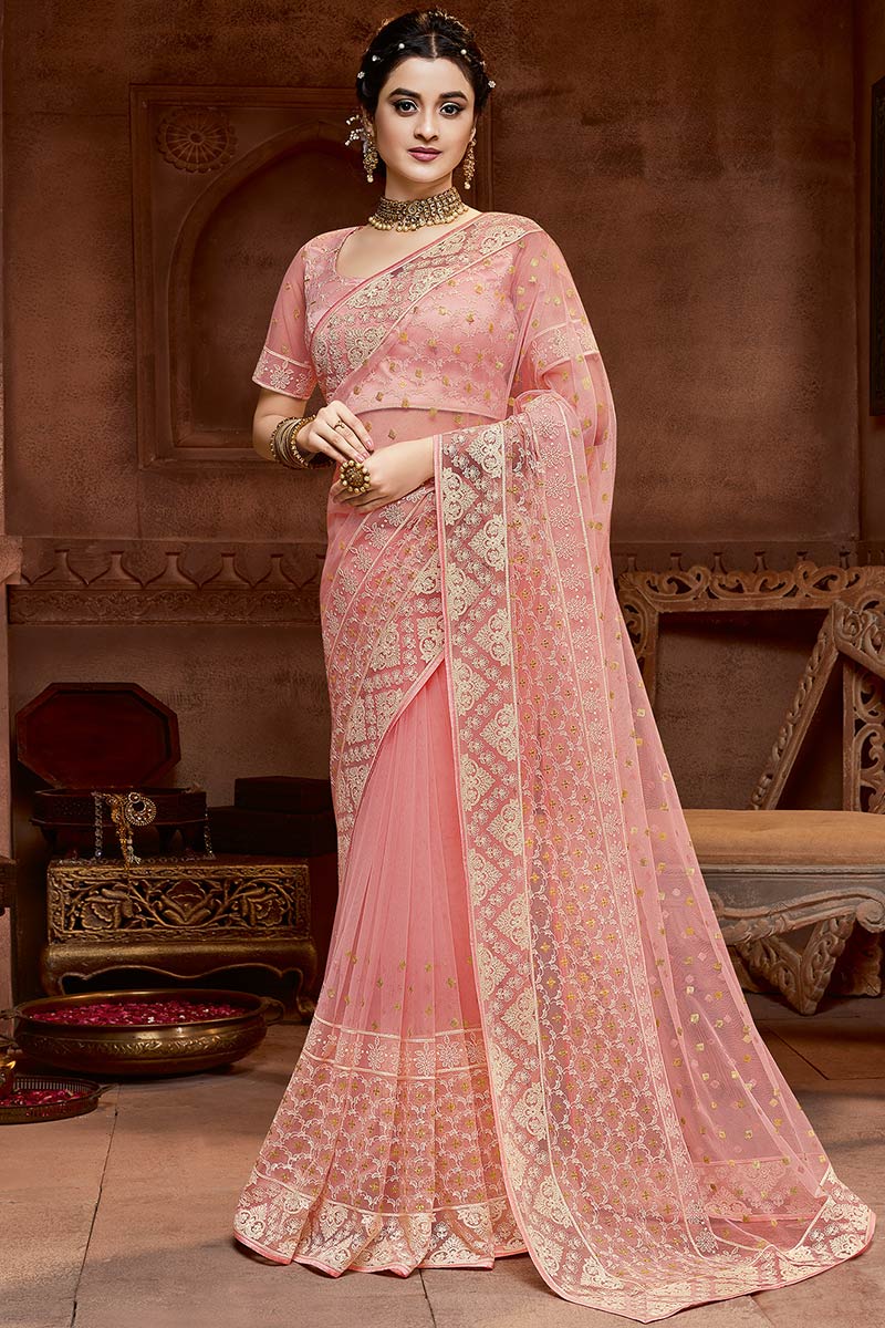 Buy Net Wedding Wear Saree In Light Pink Color Online SARV04839 Andaaz Fashion