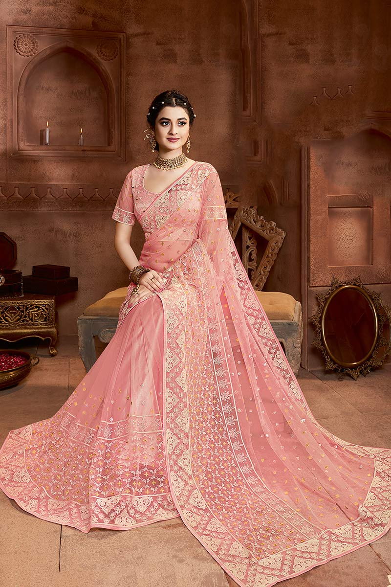 Net Wedding Wear Saree In Light Pink Color