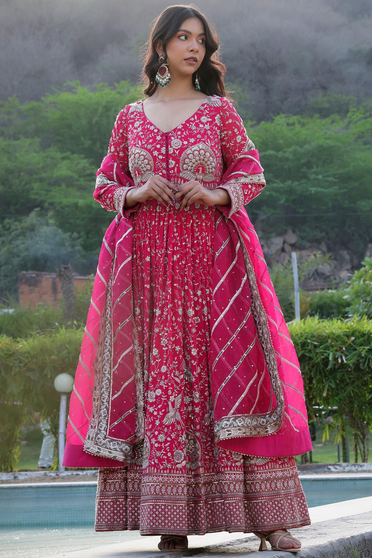 Andaaz Fashion Women's Ruby Pink Silk Zari Work Mother of the Bride Anarkali Set with Flared Skirt