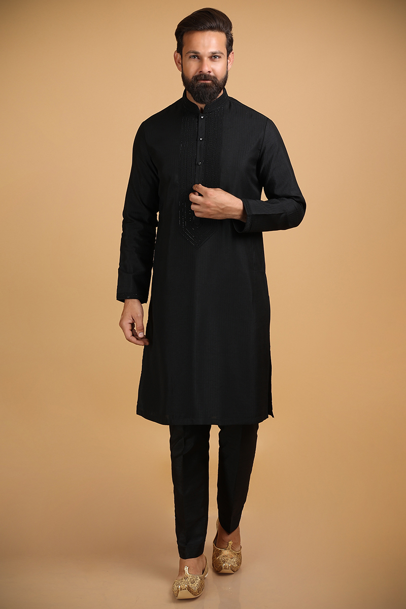 Woven Cotton Silk Black Men Kurta Pajama