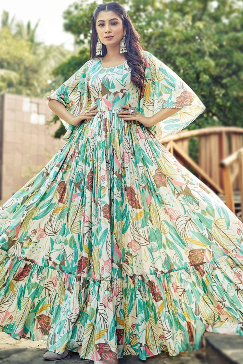 Off White Cotton Anarkali Gown With Printed Work For Casual Wear