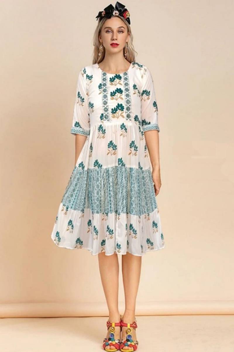 Off White Cotton Casual Wear Frock Style Kurti LKV003757