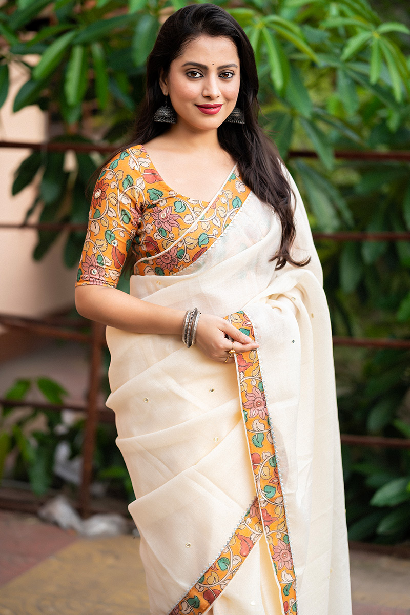 Off White Cotton Silk Casual Wear Saree