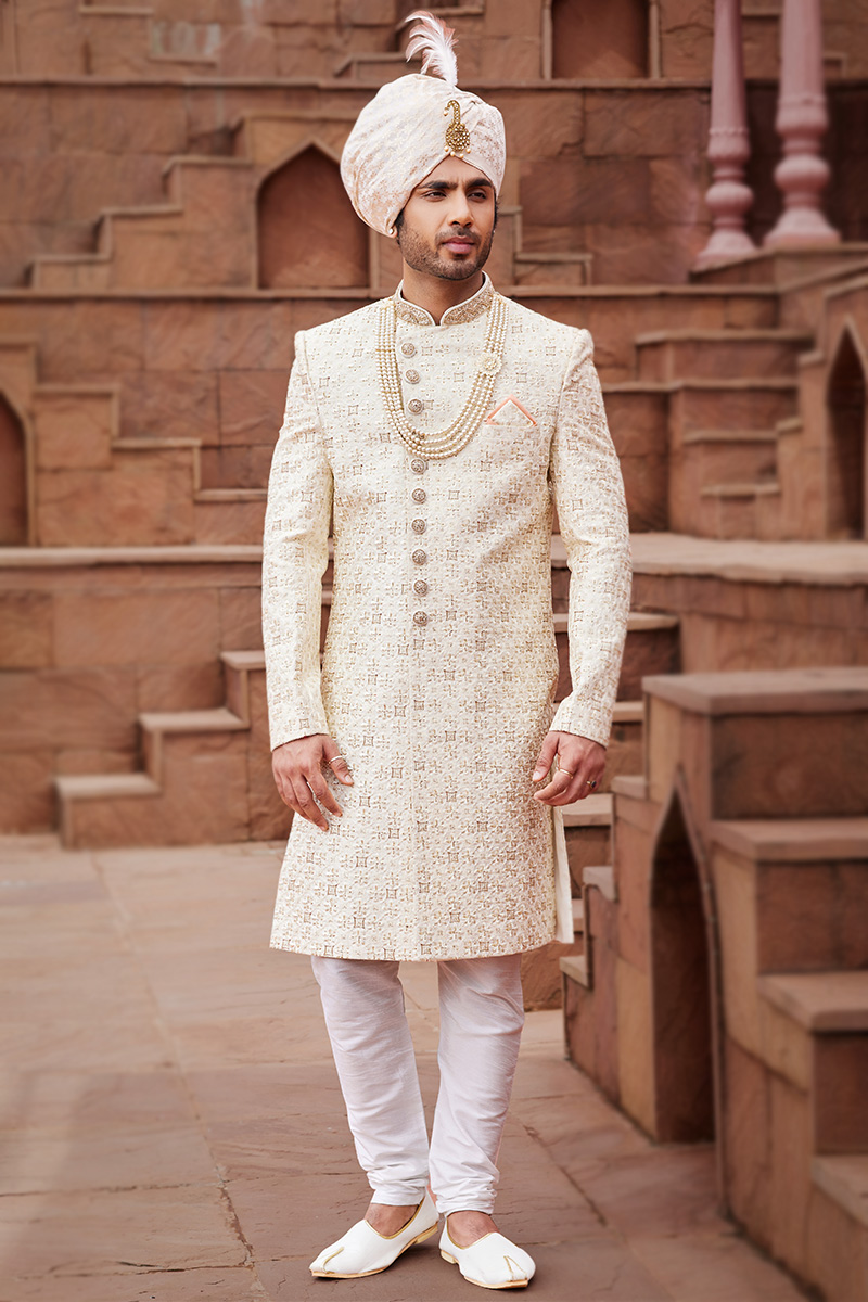 Ivory Cutdana Embroidered Silk Wedding Wear Men's Sherwani MSTV03563