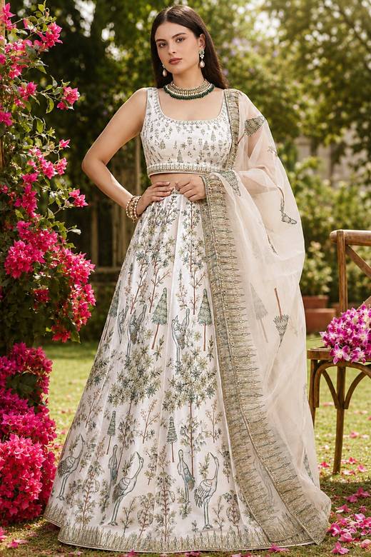 white indian dress Print Plunge Neckline Gown: Modern Elegance USA S / White contributing to the cohesiveness of the design South Indian Traditional Dress for