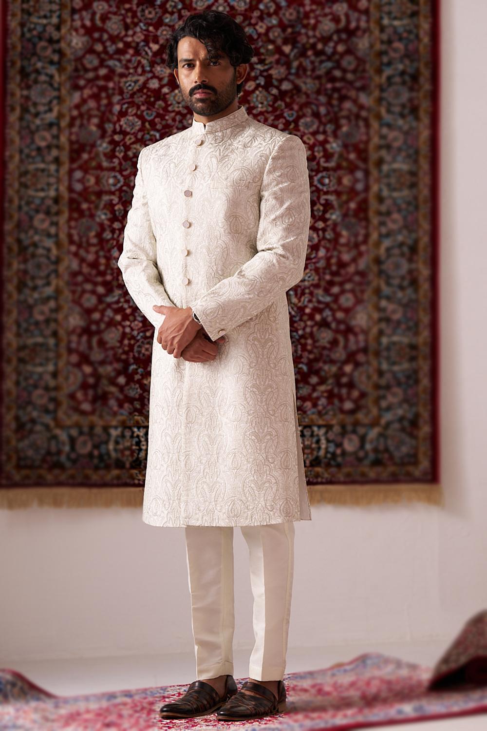 Off White Embroidered Silk Achkan Style Men's Sherwani MSTV03936