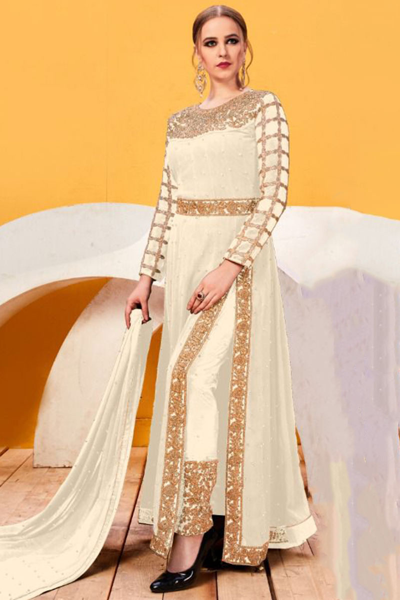 wow gold label dress White and Gold Gown Style Embroidered Anarkali Suit