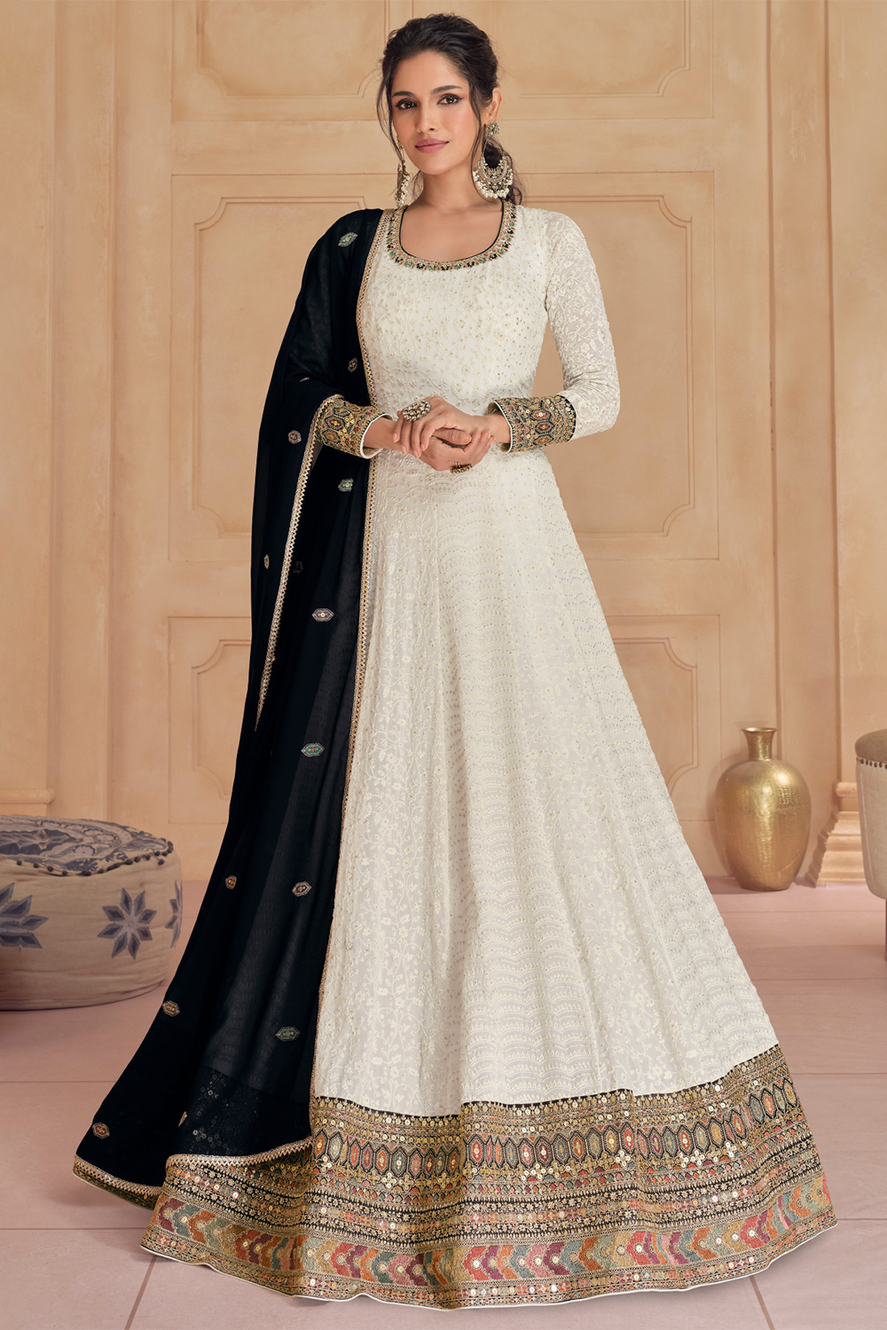 knee length dresses for ladies SUNHARI RUHANI LACE WHITE COTTON FULL SLEEVE ANARKALI SET WITH COTTON main image 0