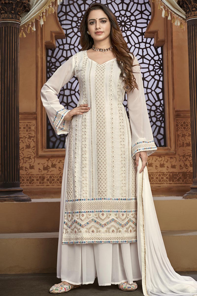 Buy Online Thread Work Embroidered Off White Sharara Suit LSTV113636