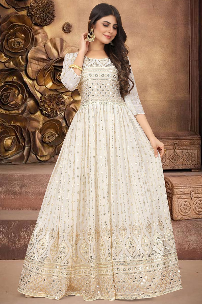 Party Wear White Colour Dress Georgette Gown White Gown Dress Design Off White Georgette Embroidered Gown Party Wear White Colour Dress Georgette Gown White Gown Dress Design Off White Georgette Embroidered Gown