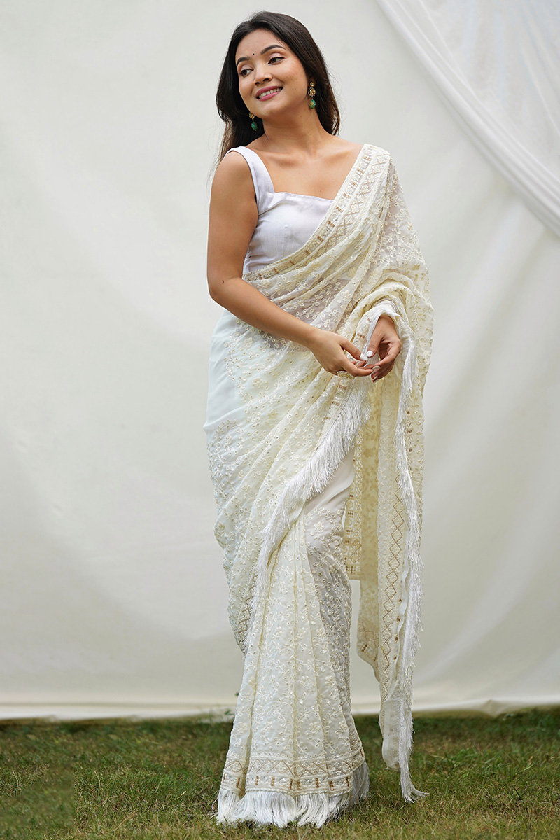 Elegant Off White Georgette Embroidered Light Weight Saree