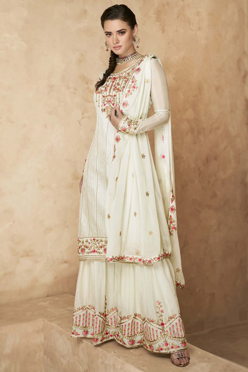 Elegant online wedding Kurti/Shara Suit set in off white color along with sequin work