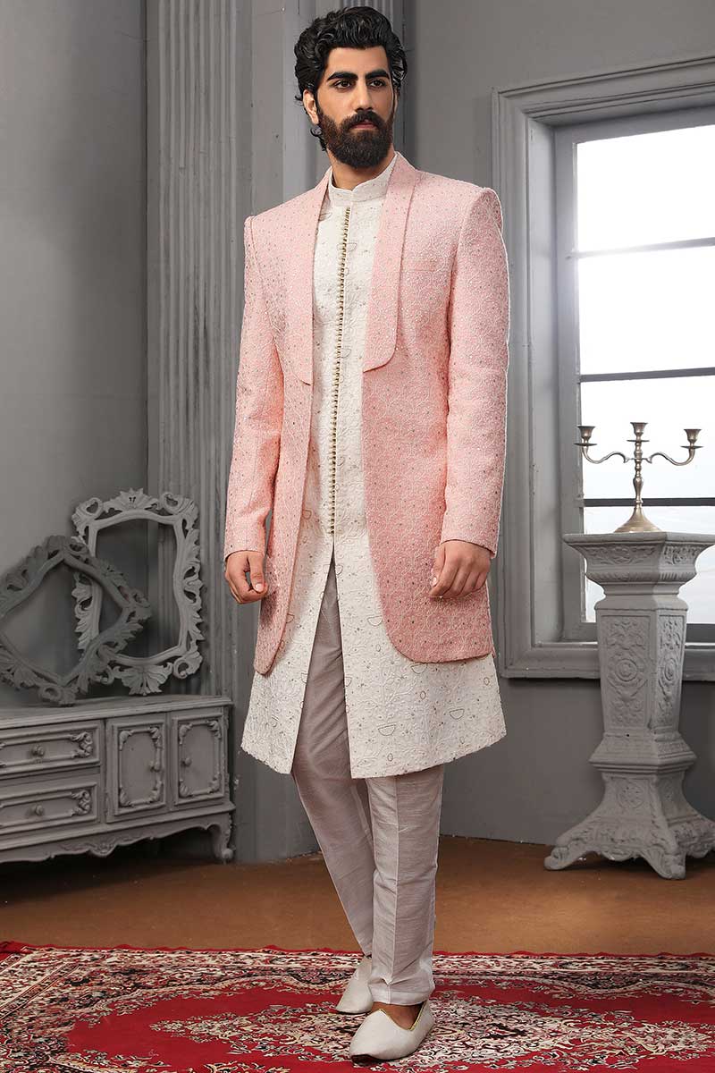 Buy Ethnic Wears Georgette Off White Men's Sherwani MSTV0883