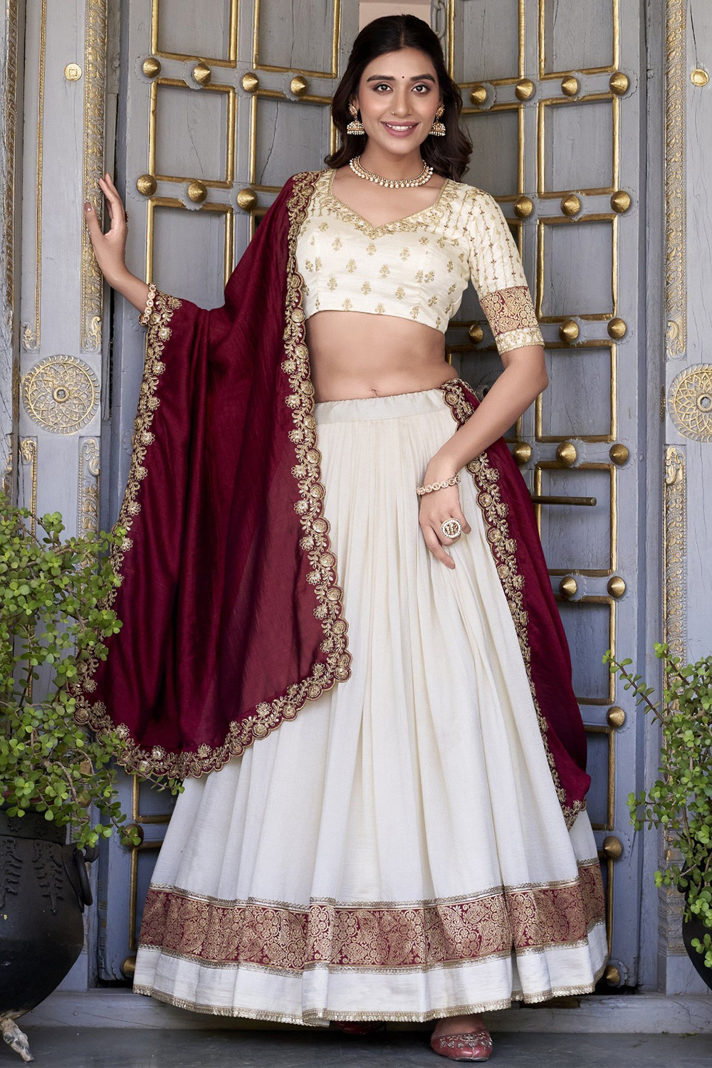 Off White Georgette Lehenga with Zari Work for Navratri LLCV122205