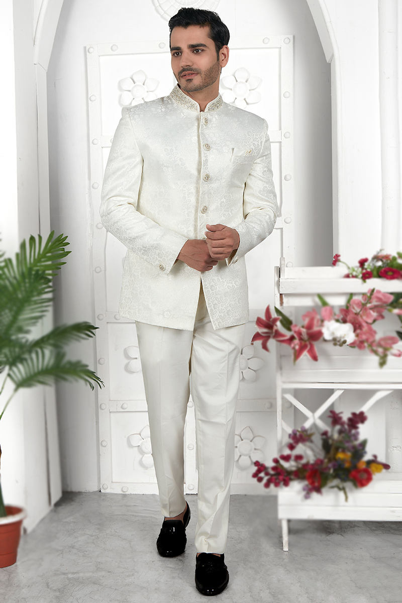 White Half Coat Suit For Marriage Off White Jacquard Silk Woven