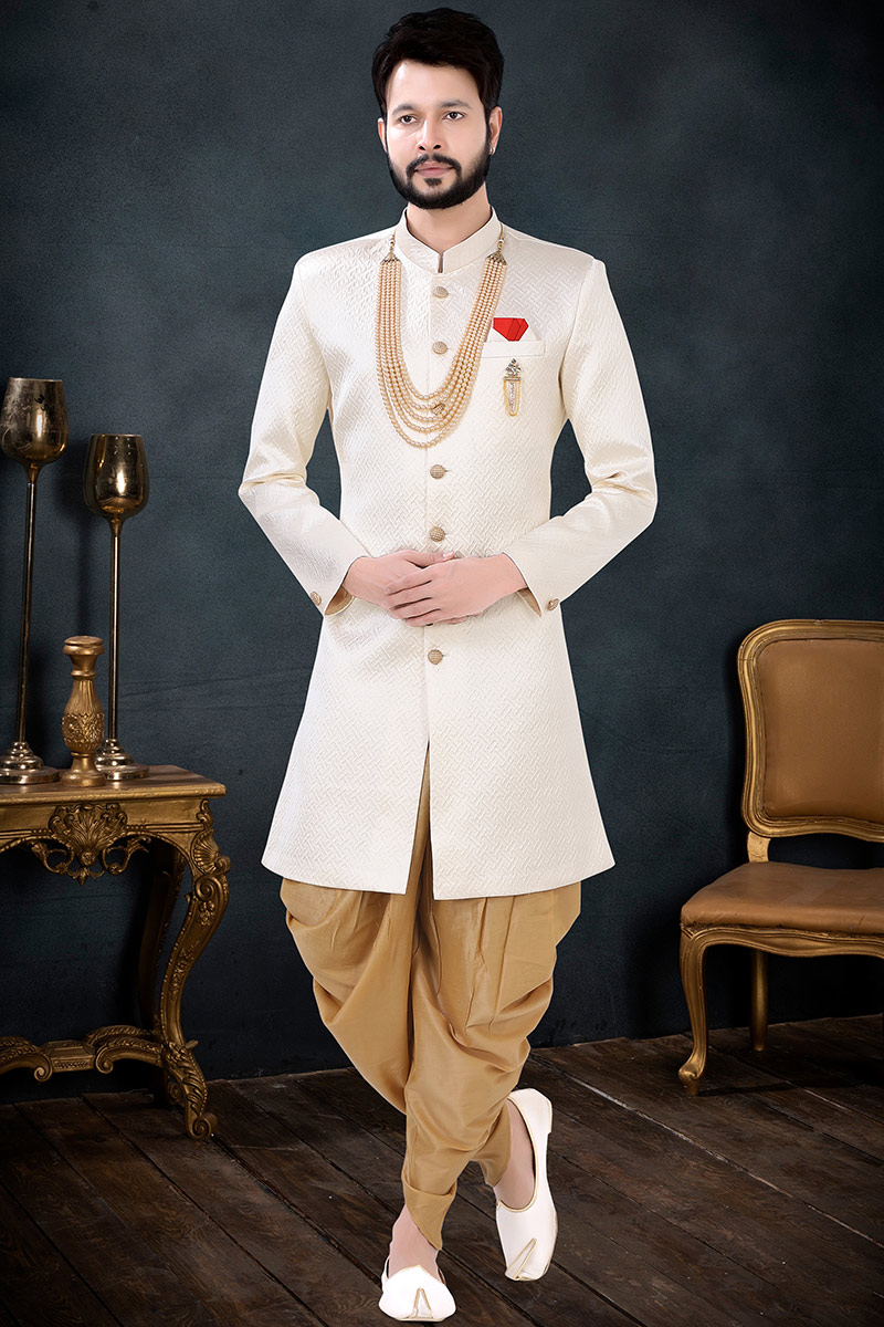 Best Seller Men Sherwani in Ivory Woven Fabric MSTV01846