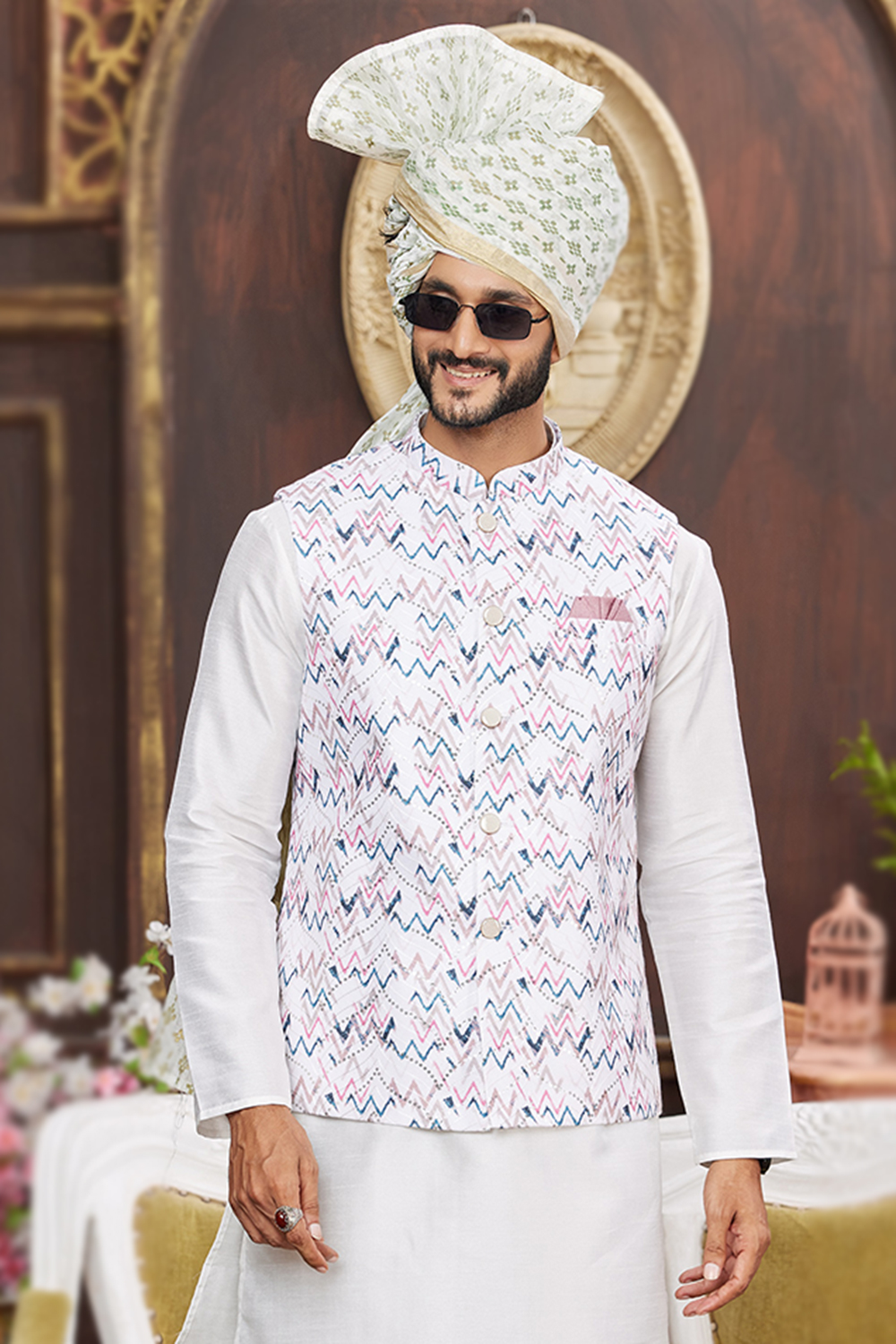 Off White Printed Art Silk Men's Waist Coat For Sangeet MWCV0421