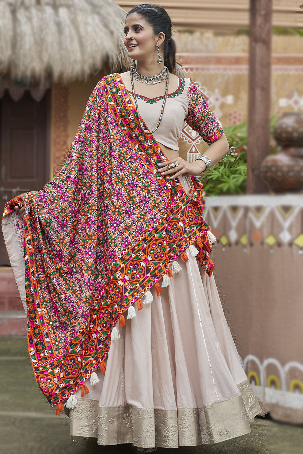 Off White Rayon Gota Patti Embroidered Navratri Lehenga