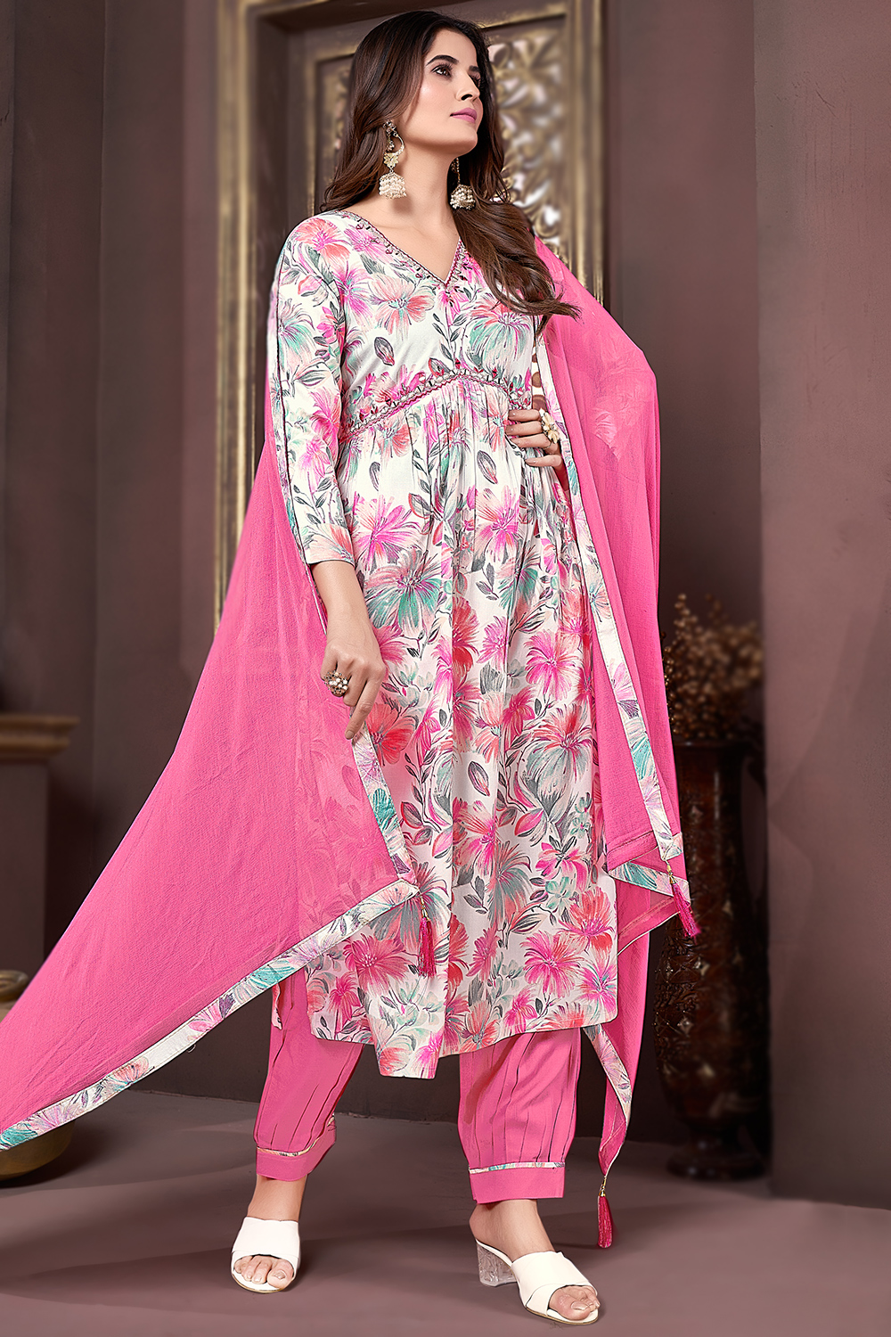 Off White Rayon Printed A Line Suit With Salwar LSTV131119