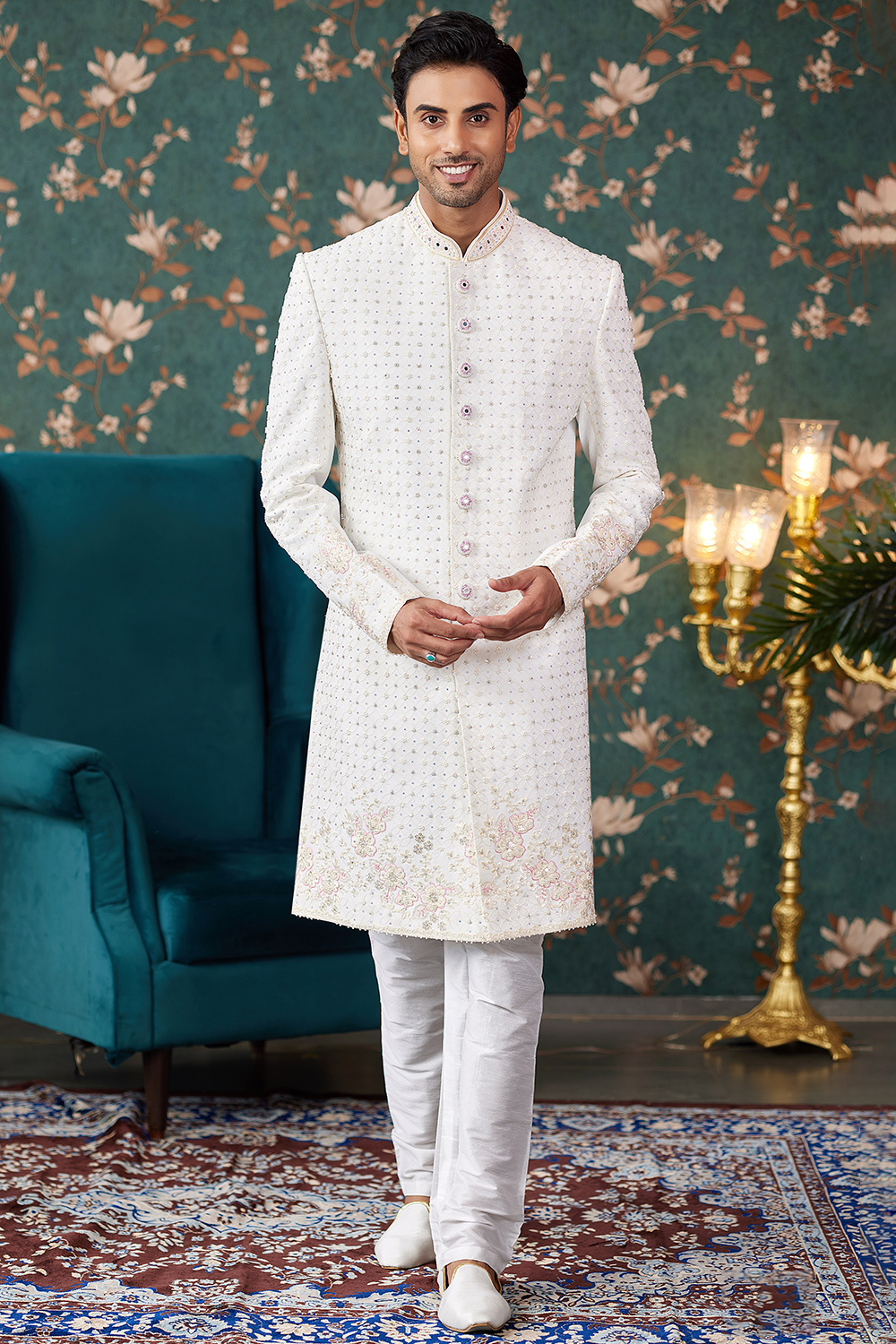 Off White Silk Blend Embroidered Jacket Style Men's Sherwani MSTV04453