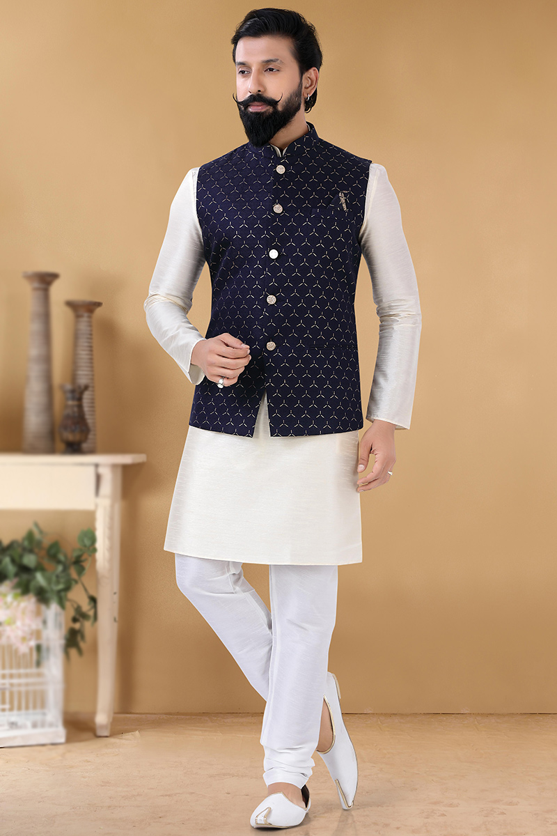 Best Off White Silk Jacket Style Men s Kurta With Churidar MKPA02119