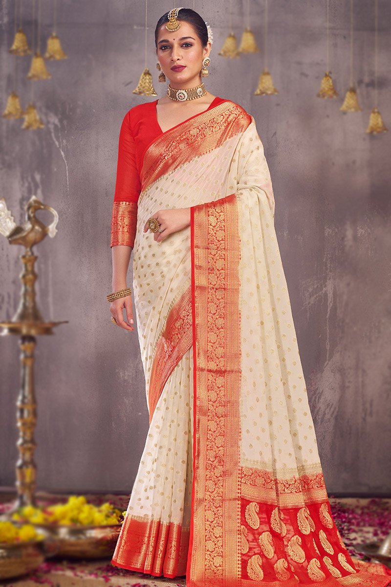 Off-White Weaved Zari Georgette Broad Border Bengali Saree SARV163513