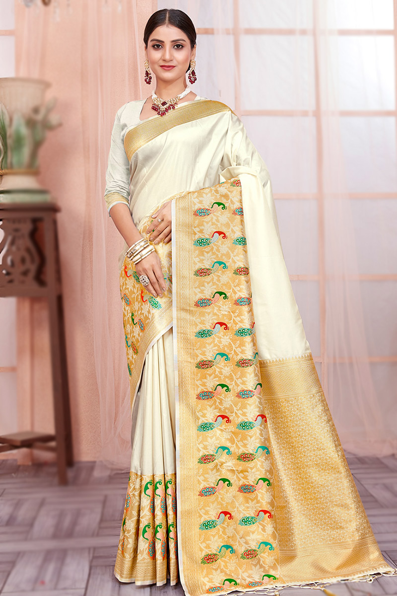 Off White Woven Zari Silk Paithani Saree